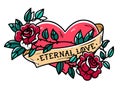 Heart entwined in climbing rose tattoo. Tattoo heart with ribbon and roses. Eternal love. Forever love