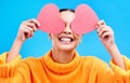 Heart eyes, cover and woman with happiness and excited about love, valentines day or emoji. Happy, smile and person with Royalty Free Stock Photo