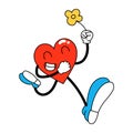 The heart with face is running.Trendy retro cartoon stickers. ÃÂ¡omic character with gloved hands and boots