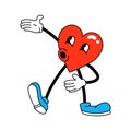 Heart with face is singing. Trendy retro cartoon stickers. ÃÂ¡omic character with gloved hands and boots