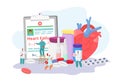 Heart failure desease with doctors, cardiogram, medication and medicine concept solution, tiny people character vector