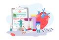 Heart failure desease with doctors, cardiogram, medication and medicine concept solution, tiny people character vector Royalty Free Stock Photo