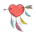 Heart with feathers pierced with an arrow, dreamcatcher as heart. Vector in doodle style. Template for Valentine day.