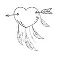 Heart with feathers pierced with an arrow, dreamcatcher as heart. Vector in doodle style. Template for Valentine day