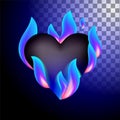 Heart in fire, hot emoji. Black burning heart with fire on a black background.