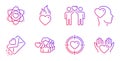 Heart flame, Atom and Friends couple icons set. Woman love, Friend and Love letter signs. Vector