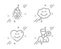 Heart flame, Smile and Smile chat icons set. Valet servant sign. Love fire, Comic chat, Heart face. Vector