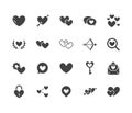 Heart flat glyph icons set. Love, dating site vector illustrations - two hearts shape, romantic date, private message