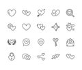 Heart flat line icons set. Love, dating site vector illustrations - two hearts shape, romantic date, private message