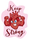 Heart Flexing Muscles Cartoon Character. Keep Strong Heart Character for Cardiac Rehabilitation. Easy to Edit