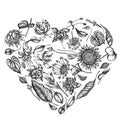 Heart floral design with black and white african daisies, fuchsia, gloriosa, king protea, anthurium, strelitzia Royalty Free Stock Photo
