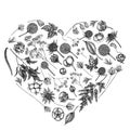 Heart floral design with black and white astilbe, craspedia, blue eryngo, lagurus, cotton, gypsophila