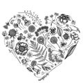 Heart floral design with black and white shepherd`s purse, heather, fern, wild garlic, clover, globethistle, gentiana