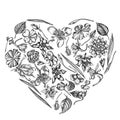 Heart floral design with black and white ylang-ylang, impatiens, daffodil, tigridia, lotus, aquilegia