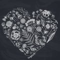Heart Floral Design With Chalk Shepherd`s Purse, Heather, Fern, Wild Garlic, Clover, Globethistle, Gentiana, Astilbe