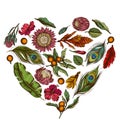 Heart floral design with colored banana palm leaves, hibiscus, solanum, bromeliad, peacock feathers, protea Royalty Free Stock Photo