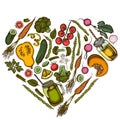 Heart floral design with colored lemons, broccoli, radish, green beans, cherry tomatoes, beet, greenery, carrot, basil