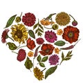 Heart floral design with colored poppy flower, gerbera, sunflower, milkweed, dahlia, veronica