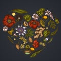 Heart floral design on dark background with almond, dandelion, ginger, poppy flower, passion flower, tilia cordata