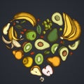 Heart floral design on dark background with apples, pears, avocado, kiwi, grapes, bananas, strawberry