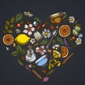 Heart floral design on dark background with cinnamon, lemons, oranges, tea bag, sugar cubes, heather, chamomile, dog Royalty Free Stock Photo