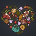 Heart floral design on dark background with garlic, cherry tomatoes, peas, fish, shrimp, cabbage, beef, buns and bread