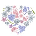Heart floral design with pastel anemone, lavender, rosemary everlasting, phalaenopsis, lily, iris