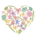 Heart floral design with pastel ylang-ylang, impatiens, daffodil, tigridia, lotus, aquilegia