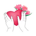 a heart and flowers and hands holding it.