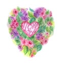 Heart of flowers with the inscription `I love you!`, Watercolor illustration