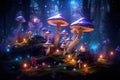 In the heart of the forest, a peaceful group of mushrooms thrives, displaying their natural beauty, An enchanted forest with