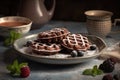 Heart form chocolate waffle cookies in ceramic plate decorated with berries, powdered sugar and mint with tea on beige