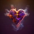 Heart formed from colored steam, smoke in the middle of a bright Cross. Heart as a symbol of affection and love