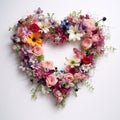 A heart formed of colorful flowers on a bright white background. Flowering flowers, a symbol of spring, new life