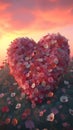 Heart formed from colorful pink white red flowers in the meadow. Heart as a symbol of affection and