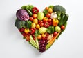 Heart formed by a group of vegetables and fruit in the most diverse colors. Healthy food