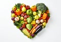 Heart formed by a group of vegetables and fruit in the most diverse colors. Healthy food