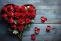 Heart formed with red roses on vintage blue wooden background, ai generated Royalty Free Stock Photo