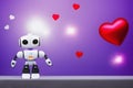 A heart-formed robot, with a dreamy gaze, basks in a wealth of valentine imagery