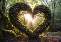 Heart formed by tree branches and leaves on a forest trail. Environment concept. Generative AI