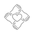 Heart and four hands line icon. Donation, solidarity symbol