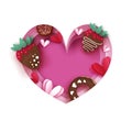 Heart Frame. Love Strawberry And Chocolate, Donut. Valentines Day Greeting Card. Hearts Paper Cut Style. Sweet Dessert