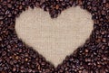 Heart frame made of coffee beans on burlap texture Royalty Free Stock Photo