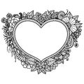 Mandala flowers around heart frame for printing, engraving or coloring page. Vector illustration