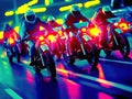 Cyberpunks on neon motorcycles in city streets