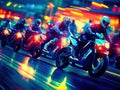 Cyberpunks on neon motorcycles in city streets