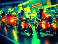 Cyberpunks on neon motorcycles in city streets