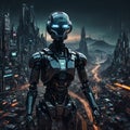 Futuristic robot standing in a city with a cityscape in the background.