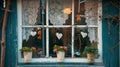 Heart garlands, lace curtains, and blooming potted flowers