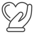 Heart in gentle hand line icon, Valentines Day concept, Heart care sign on white background, palm hold love symbol icon Royalty Free Stock Photo